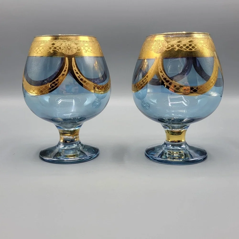 Vintage MCM Italian Brandy Snifter Set 2 Blue Gold Encrusted Filigree Glassware
